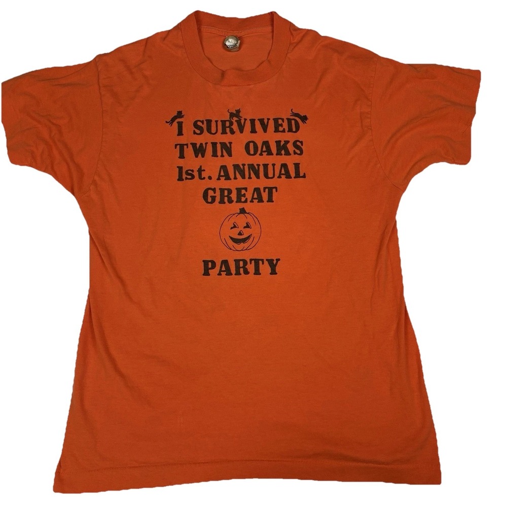 Vintage‎ 80s Single Stitch Halloween TShirt XL Orange Screen Stars Pumpkin Party